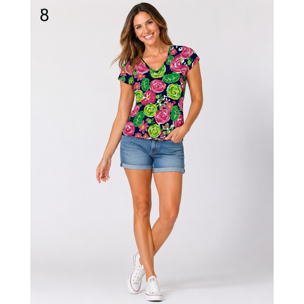 SIMPLY SOUTHERN T-Shirt Womens Small Pink Green Floral Print Cotton Garden Party